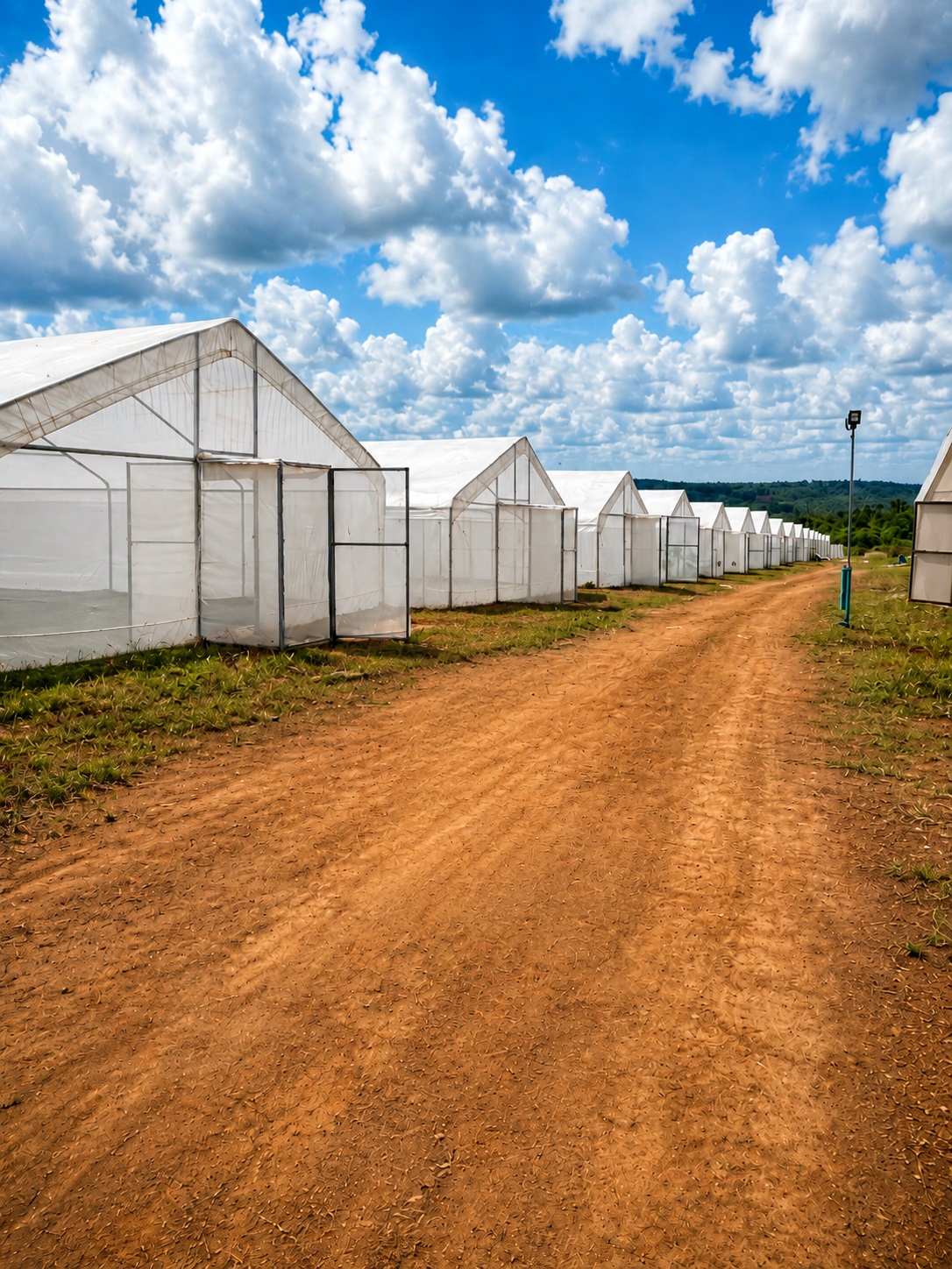 Row of greenhouses along the farm road